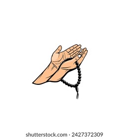 hands looking up in prayer while holding prayer beads vector illustration