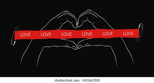 Hands in love gesture design for slogan t-shirt with red tape and safety pin. Typography graphics for tee shirt with hand in heart form. Vector illustration.