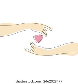 hands with love for valentine's one line drawing on white isolated background