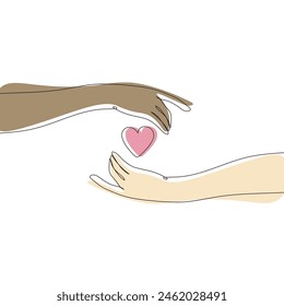 hands with love for valentine's one line drawing on white isolated background