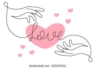 Manos con la palabra de amor arte de una línea, contorno continuo de dibujo, diseño romántico dibujado a mano para el Día de San Valentín.Novias, nupcias, símbolo de compromiso.Isolated.Isolated.Vector ilustración