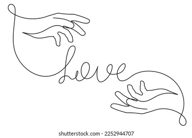 Manos con la palabra de amor arte de una línea, contorno continuo de dibujo, diseño romántico dibujado a mano para el Día de San Valentín.Novias, nupcias, símbolo de compromiso.Isolated.Isolated.Vector ilustración