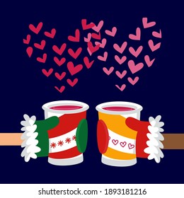 Hands of lovers with cups of mulled wine. Warm mittens, hot drinks, cute hearts. Concept for Valentine's Day, romantic winter walks, holidays. Vector illustration, flat design 