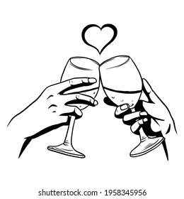 Hands of lovers with glasses of wine. Valentine's day card. Vector illustration.