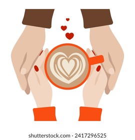 Hands of lovers hold coffee with heart. Hands with cup of coffee. Cappuccino, latte, flat white, coffee with milk. Holiday valentine's day, wedding, marriage, celebrate. Vector art illustration
