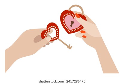 Hands of lovers hold love lock and key. Heart. Love. Be mine. Only You. Holiday valentine's day, wedding, marriage, celebrate. Vector art illustration on a white background.