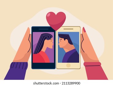 Hände mit Geliebten in Smartphones
