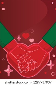 The hands of lovers who hold in red gloves on Valentine's Day