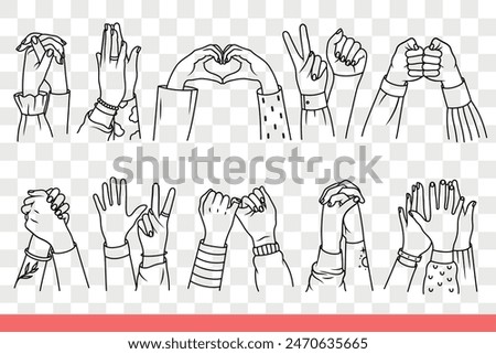 Hands of loving couples together showing gesture of love and romance or handshake. High five gesture near fist bumping and arms or people making peace and prayer sign. Hand drawn doodle