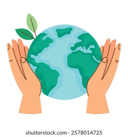 Hands lovingly holding planet Earth with green leaves and flowers