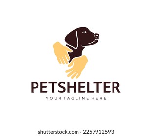 Hands lovingly hugging a dog, animal and pet, logo design. Animal care, pet shelter, cynology, veterinary medicine, vector design and illustration