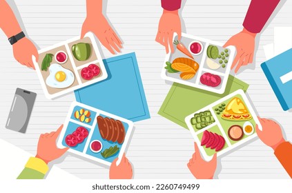 Hands with lunchbox. Arms holding containers with healthy food on table top view, cartoon flatlay with packed bags full of fruits vegetables. Vector illustration of lunchbox with snack breakfast