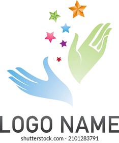 Hands with magic stars logo, represents fun or magic feel.
