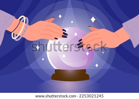 Hands of magical fortune teller with crystal ball vector illustration. Cartoon magic seer sitting at mystic glass globe on table with blue curtains, lady gazing in sphere with stars to predict future