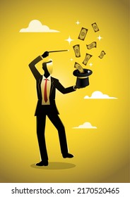 Hands of magician makes a magic trick for making the hat throw out money