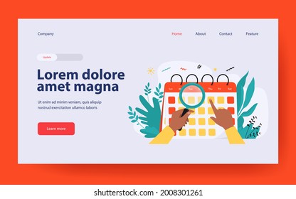 Hands with magnifier checking calendar. Magnifying glass, date, day flat vector illustration. Time and planning concept for banner, website design or landing web page