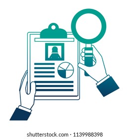 hands with magnifying glass and document file statistics pie