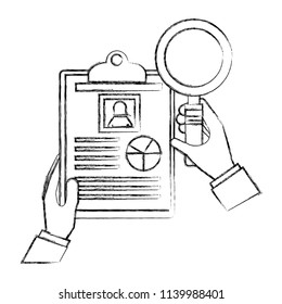 hands with magnifying glass and document file statistics pie