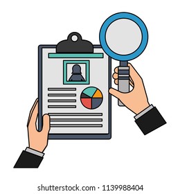 hands with magnifying glass and document file statistics pie