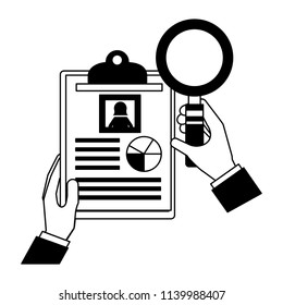 hands with magnifying glass and document file statistics pie