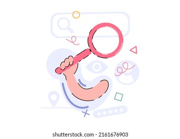 Manos con una lupa. Elemento para el diseño de presentaciones, aplicaciones y sitios web. Ilustración de tendencia. Ilustración del vector
