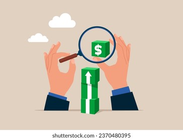 Hands with magnifying glass, green block cubic stacking up with white arrow up with dollar. Alternative financial assets. Flat vector illustration