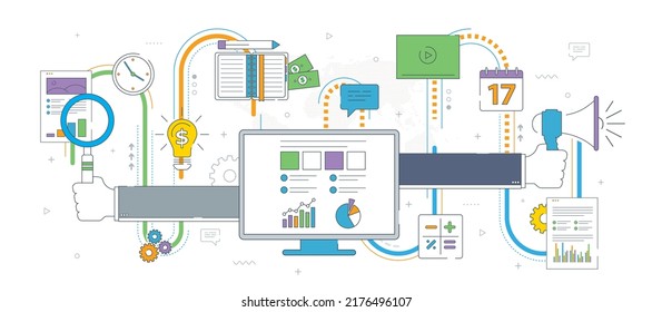 Hands with magnifying glass and megaphone, analysis of financial report, audit tax process, research and data accounting. Vector illustration in thin line design.