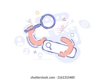 Hands with magnifying glass and web search bar. Element for the design of presentations, applications and websites. Trend illustration. Vector illustration