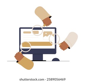 Hands With Magnifying Glasses Analyzing Website On Monitor In Flat Vector Illustration Symbolizing Web Research, SEO Analysis, And Online Performance, Isolated On White Background