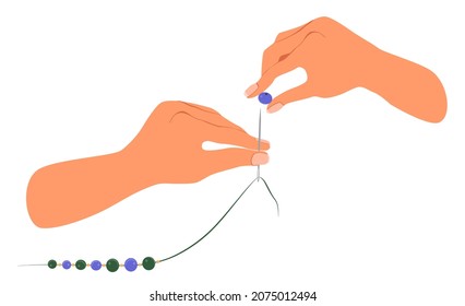 Hands make beads. The hand strands a bead on a needle and thread. A girl makes jewelry.  Illustration in flat style, isolated on white background. Handmade concept.