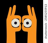 Hands make binoculars and eyes look through them. Search engine or research or looking for concept. Trendy hand drawn vector cartoon element for web or banner design. Vector illustration