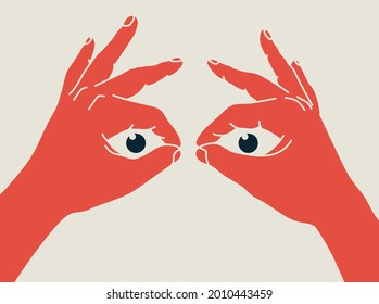 Hands make binoculars and eyes look through them. Search engine or research or looking for concept. Trendy hand drawn vector cartoon element for web or banner design. Vector illustration