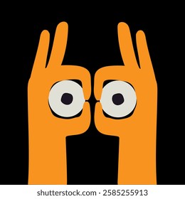 Hands make binoculars and eyes look through them. Search engine or research or looking for concept. Trendy hand drawn vector cartoon element for web or banner design. Vector illustration