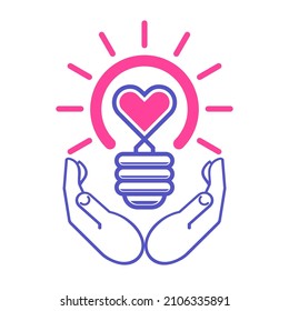 Hands make heart form icon. Love idea light electric bulb sun in couple hands. Vector on transparent background