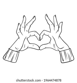 Hands make a heart gesture. A romantic gesture. Handmade style. Isolated illustration for design and typography.