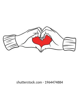 Hands make a heart gesture. A romantic gesture. Handmade style. Isolated illustration for design and typography.