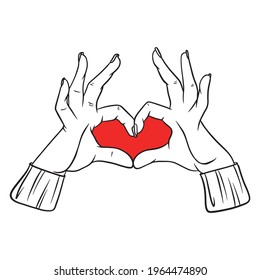 Hands make a heart gesture. A romantic gesture. Handmade style. Isolated illustration for design and typography.