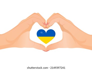 Hands make heart gesture in support of Ukraine. Vector illustration of heart sign. Ukrainian flag.