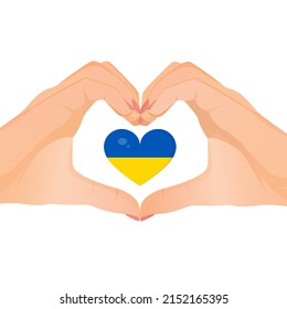 Hands make heart gesture in support of Ukraine. Vector illustration of heart sign. Ukrainian flag.