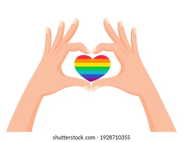 Hands make heart signwith LGBT rainbow color. Love is love. Pride concept. Vector illustration