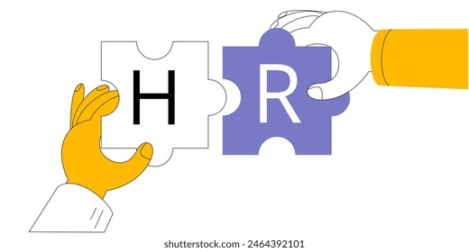 Hands make puzzles with the letters HR. Vector illustration