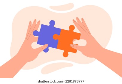 Hands make puzzles. Teamwork, collaboration and cooperation. Partners or colleagues working on common project. Organization of effective workflow