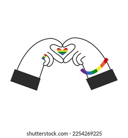 Hands make rainbow heart shape. Gay lgbt flag symbol. Happy pride, Valentines day, diversity and inclusion concept. Vector flat illustration.