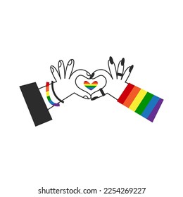 Die Hände formen das Regenbogenherz. Gay Lgbt Flag Symbol. Glücklicher Stolz, Valentinstag, Vielfalt und Inklusion Konzept. Vektorflache Illustration.