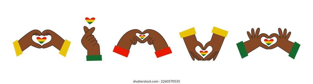 Hands make a shape of a heart with fingers. Valentine's day and love symbol. Romantic gesture. Awareness, equality, rights, pride. Vector flat illustration set.