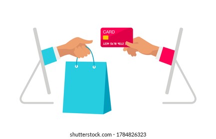 Hands make transaction through computers. Online shopping e-commerce concept. Web templates. Flat design vector illustration.