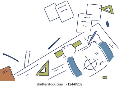 Hands Making Blueprint Design Workplace Desk Top Angle View Vector Illustration