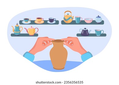 Hands making ceramic vase in workshop vector illustration. Pottery and ceramic products, handmade cups, kettles, bowls and mugs on shelves for home decoration. Craft work, hobby, tableware concept