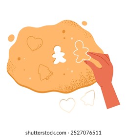 Hands making Christmas gingerbread cookies. Top view on process of baking and decorating sweet cookies. Homemade dough concept. Isolated vector illustration in cartoon style