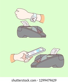 Hands making contactless payment with smart phone & smartwatch on wireless payment POS terminal. Transferring money pay with modern watch device. Cashless NFC technology. Flat line vector illustration